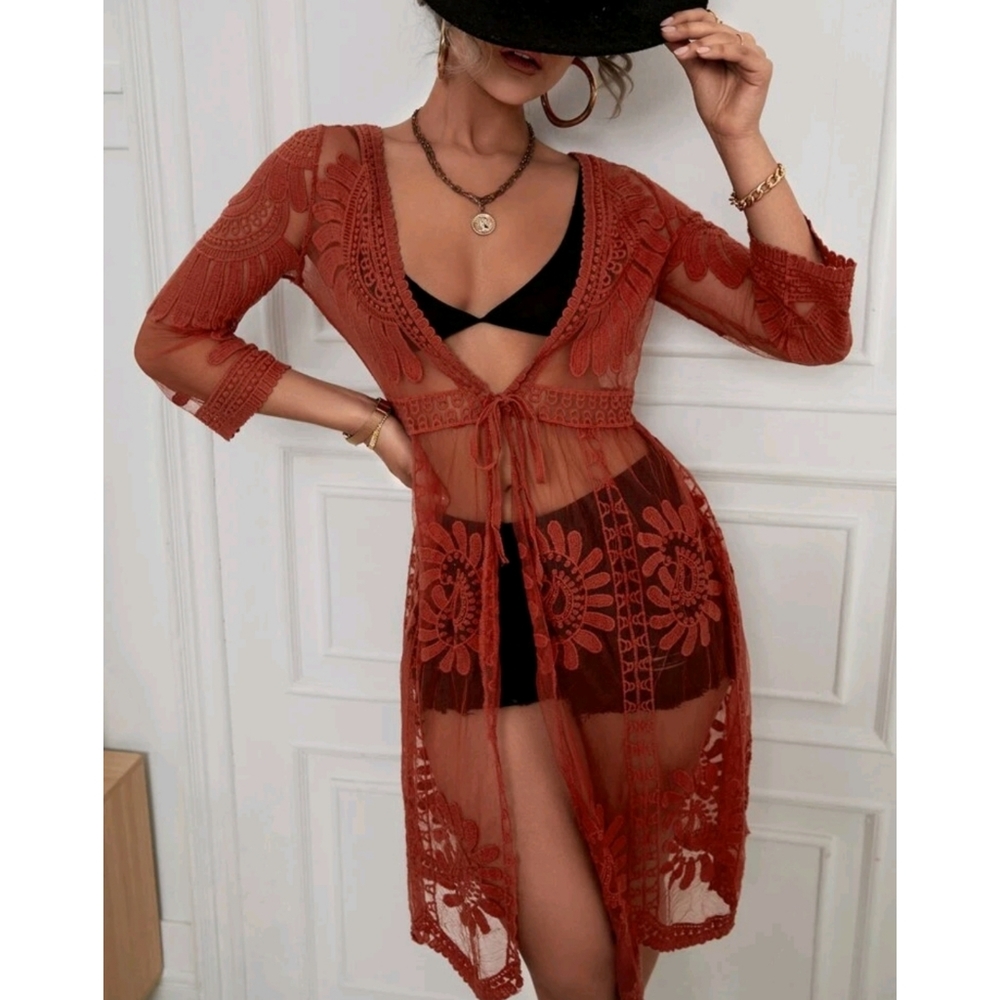 Red Boho Tie Front Mesh Embroidered Kimono - Picture 2 of 10